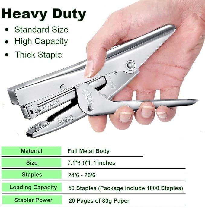 ONDY Plier Stapler Heavy Duty Office Hand Held 20-Sheet Papers Stapling Machine With 1000 Staples and Remover Tool, Silver