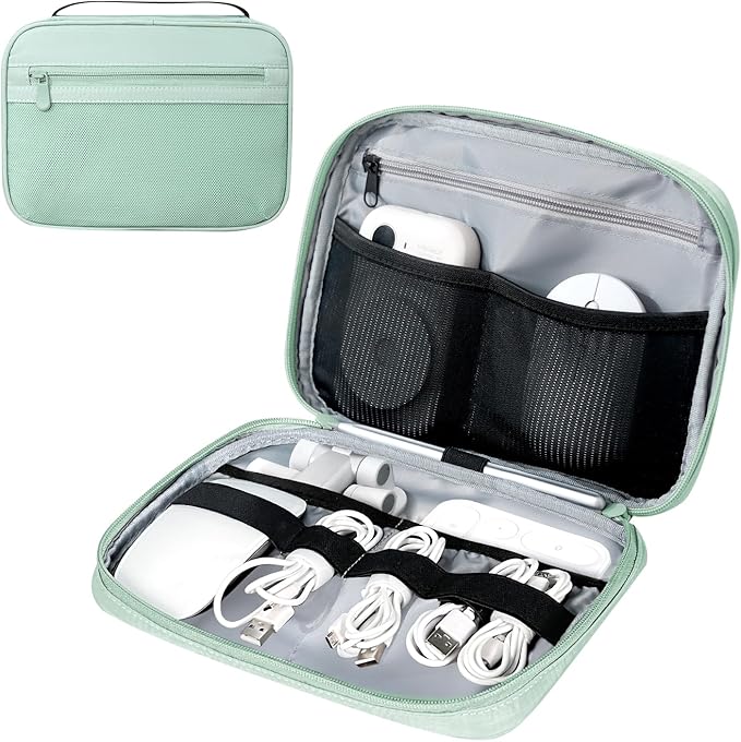 Electronics Organizer Bag, Portable Cable Organizer Case Travel Electronic Accessories Storage Case - Travel storage bag for Cables, Chargers, Phone, SD Cards - Green
