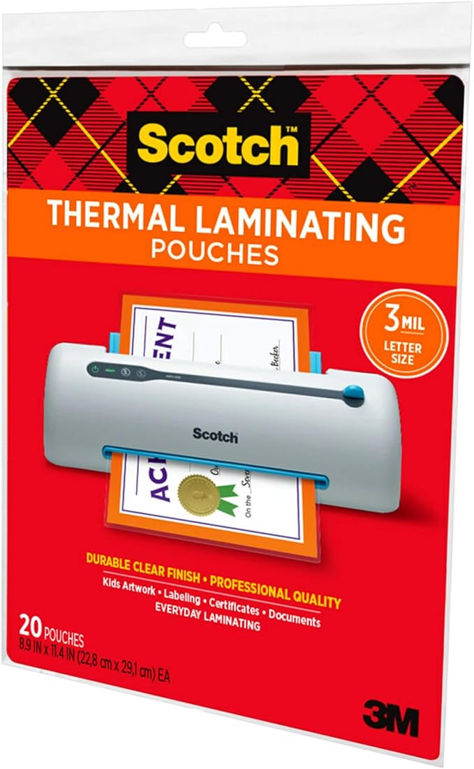 Scotch Matte Thermal Laminating Pouches, Ultra Clear with Matte Finish, Letter Size 8.9 in x 11.4 in, 20-Pack