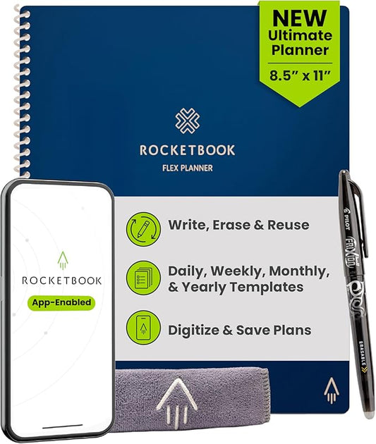 Rocketbook Flex Reusable Planner, Smart Undated, Daily, Weekly, Monthly, Annual Calendar Templates, Letter Size 8.5x11, Navy Blue (Pack of 1)
