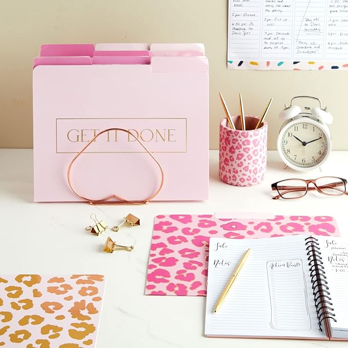 Paper Junkie Decorative File Folders - Stylish Organization & Pink File Folders - Gold Foil Leopard Prints & Office Accessories - Durable Cardstock & Office Supplies - 9.5 x 11.5 in - Pack of 12
