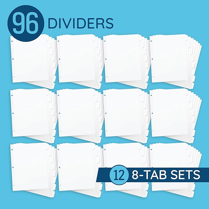 Blue Summit 3 Ring Binder Dividers with Tabs, Reinforced Edge, 1/8 Cut, Letter Size, 8 Tab Dividers for 3 Ring Binder Bulk, White, 12 Sets, 96 Pack