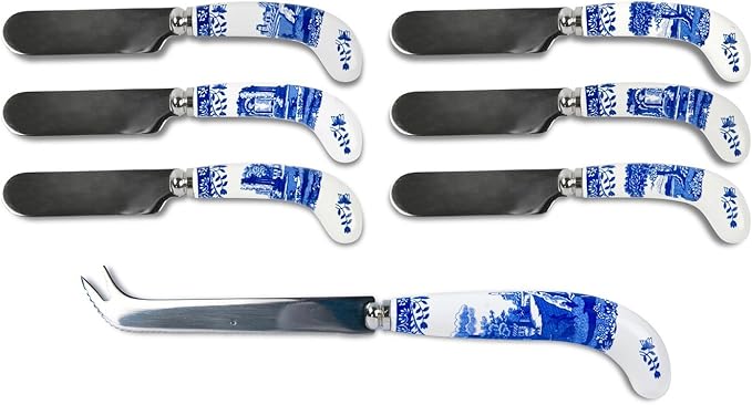 Spode Blue Italian Cheese Serving Set - 8 Inch Stainless Steel Knife and 6 Spreaders with Porcelain Handles, Entertaining Tools for Cheese Boards, Tapas, and Dining Presentation