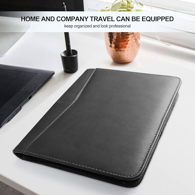 Godery Leather Zippered Padfolio Portfolio Binder 5 x 8 Legal Writing Pad, Professional Business Portfolio for Men & Women, Card Holder, Notepad Clipboard Holder (Black)