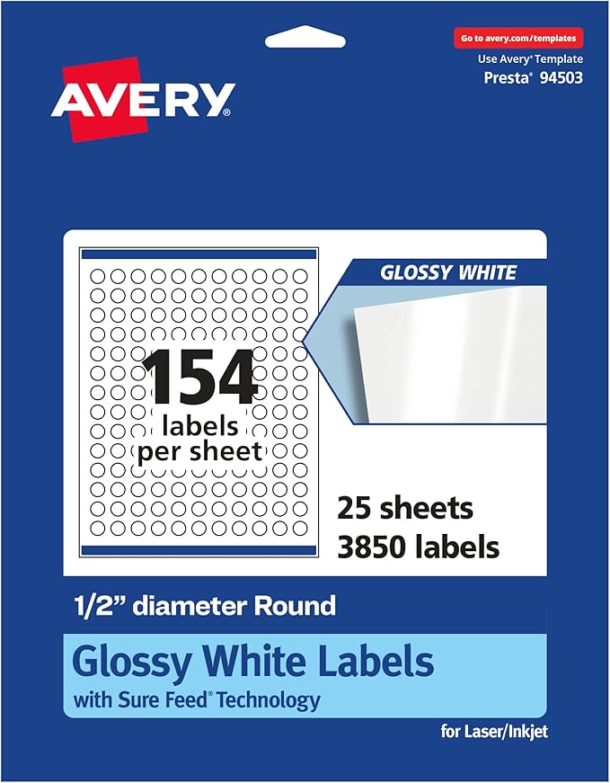 Avery Glossy White Round Labels, Sure Feed Technology, 1/2" Diameter, 3,850 Glossy White Labels, Print-to-The-Edge, Permanent Adhesive, Laser/Inkjet Printable