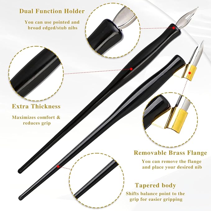 10PCS Oblique Calligraphy Dip Pen Set - 2-in-1 Drawing Pen Holder with 8 Pieces Stainless Steel Pen Replacement Nibs for Writing, Painting, Signing, Sketch