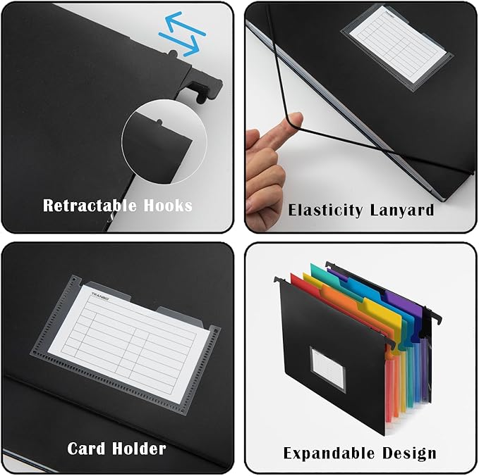 TRANBO 7-Pockets Hanging File Folder with Retractable Hooks for Filing Cabinet, Letter Size Expandable Accordion File Organizer with Elastic Band for File Frame or On-The-Go Use (6 Pack)