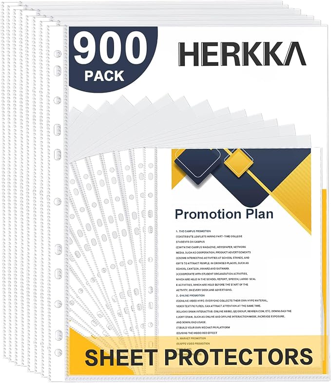 Sheet Protectors, HERKKA 900 Pack Heavy Duty Clear Plastic Page Protectors Sheet Reinforced 11-Hole Fit for 3 Ring Binder Fits Standard 8.5 x 11 Paper, 9.25 x 11.25 Top Loaded, Acid Free