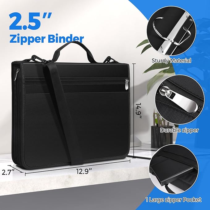 KTRIO Zipper Binder, 3 Ring Binder with Zipper, 12 Tab Expanding Files, 300 Sheet Capacity, Black