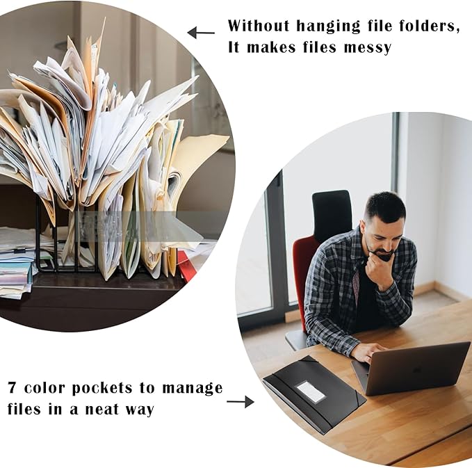 TRANBO 7-Pockets Hanging File Folder with Retractable Hooks for Filing Cabinet, Letter Size Expandable Accordion File Organizer with Elastic Band for File Frame or On-The-Go Use (6 Pack)