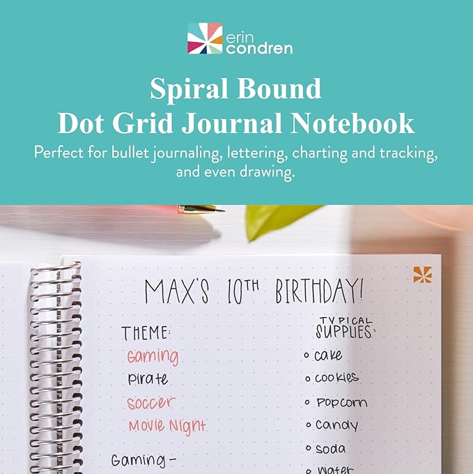 Erin Condren 7” x 9” Dot Grid Spiral Notebook, 5mm Dotted Layout with 80 Lb. Paper, Canvas Asterisk Cover, 160 Dot Grid Notebook Pages, Platinum Coil, Stickers Included