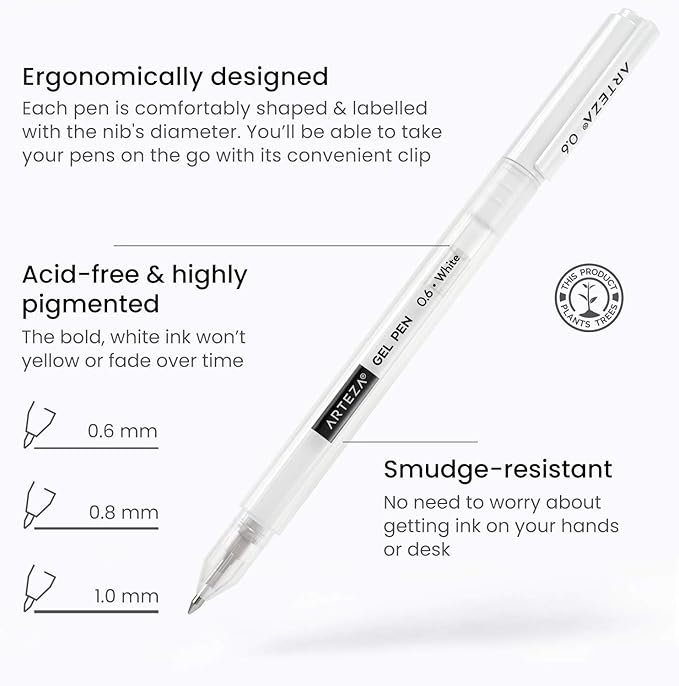 ARTEZA White Gel Pens, Set of 12 Rollerball Pens for Drawing, Highlights & Writing, Opaque Ink for Black Paper and Dark Surfaces