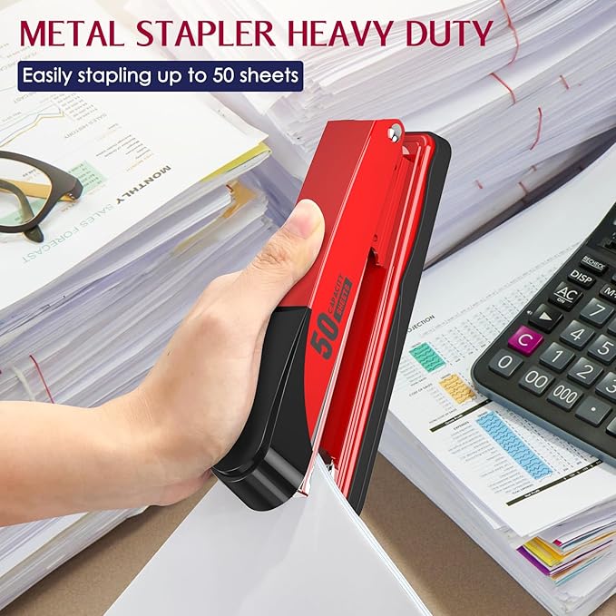 Metal Stapler Heavy Duty 50 Sheet Capacity with 1750 Staples and Staple Remover, Full Strip Staplers for Desk, No Jam, Non-Slip for Office & Classroom, Red
