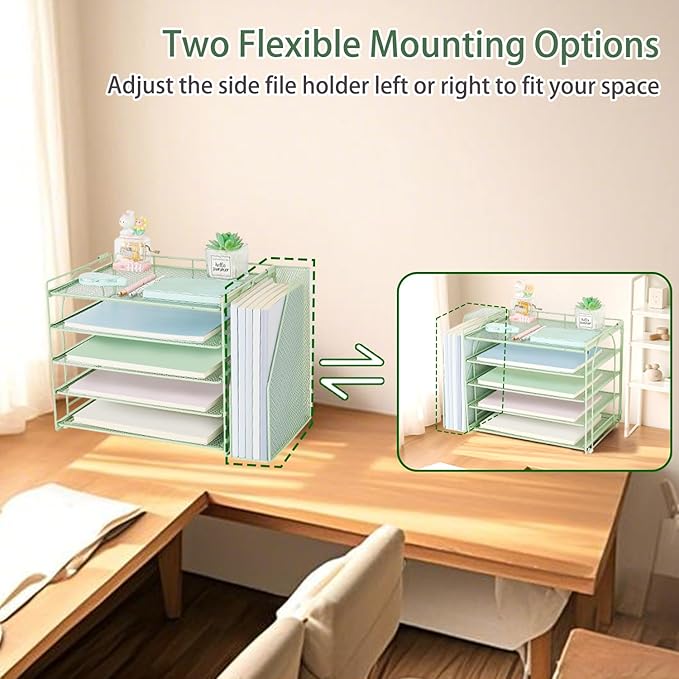 AUPSEN Green Desk Accessories Organizer,5-Tier Letter Tray Paper Organizer with Adjustable File Holder, Desktop Office Desk Accessories for Office Supplies