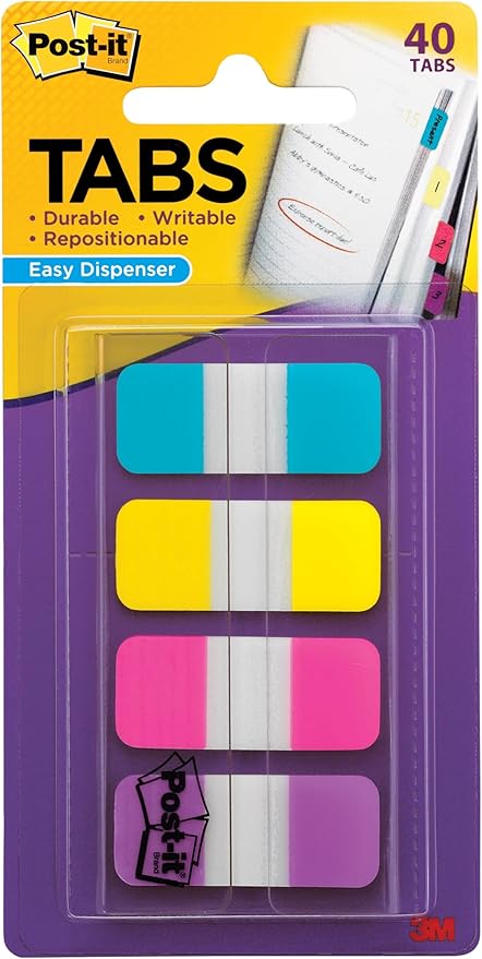 Post-it Tabs, .625 in Solid, Aqua, Yellow, Pink, Violet, 10/Color, 40/Dispenser (676-AYPV) (3 Pack)