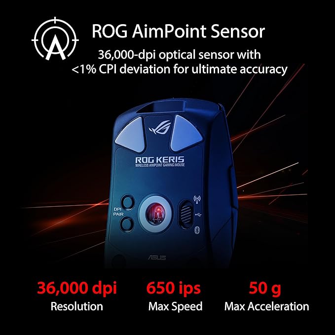 ASUS ROG Keris Wireless Aimpoint Gaming Mouse – Right-Handed Ergonomic, 75g, Tri-Mode Connectivity, 42K DPI, up to 119Hr Battery, PC/Mac Support - Black