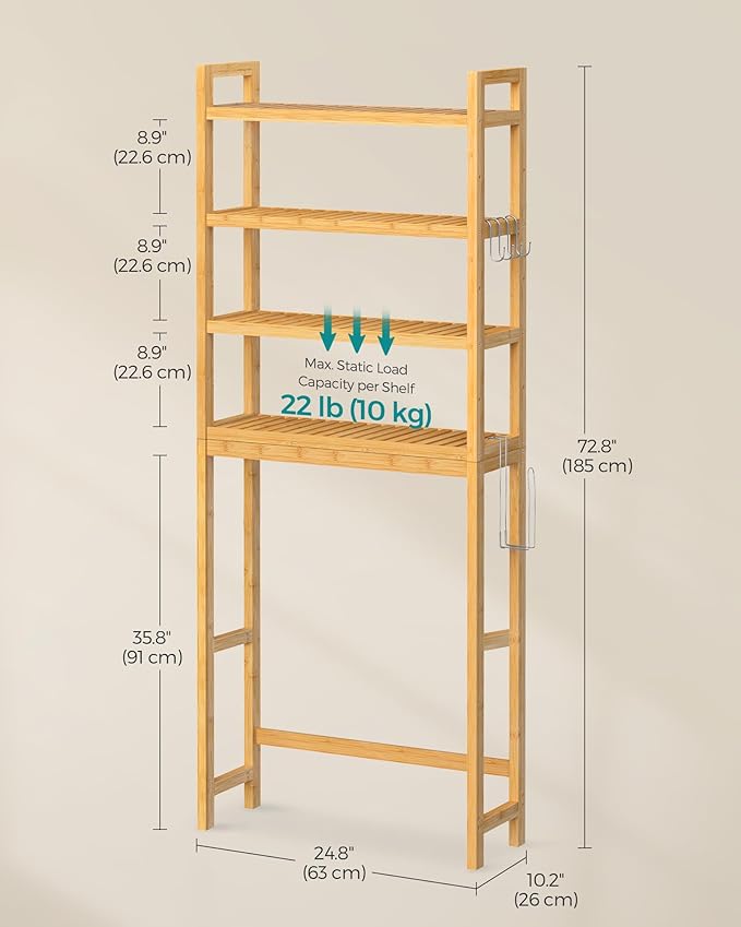SONGMICS Over The Toilet Storage, 4-Tier Over Toilet Bathroom Organizer with Adjustable Shelves, 10.2 x 24.8 x 72.8 Inches, Space-Saving, Natural Beige UBTS041N01