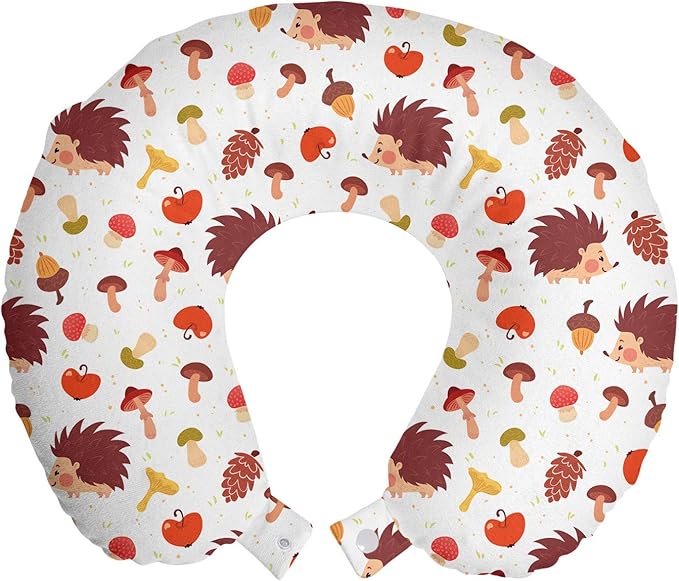 Ambesonne Mushroom Travel Pillow Neck Rest, Autumn Inspired Pattern with Natural Elements Hedgehogs Acorns and Apples, Memory Foam Traveling Accessory for Airplane and Car, 12", Burgundy White