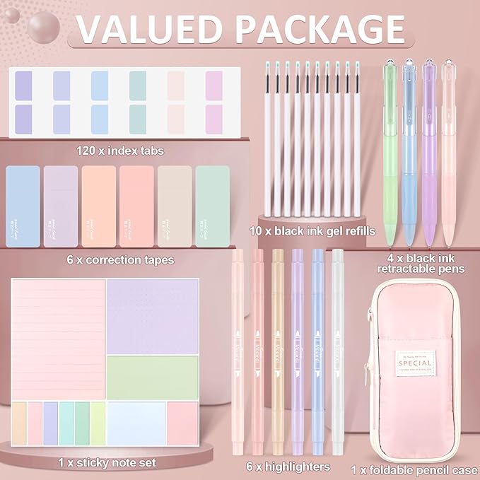Janlaugh 38 Pcs Aesthetic College School Supplies with Pen Case Sticky Notes Gel Pens Highlighters Correction Tapes Back to School Stationery Kit(Macaron Color,Elegant)