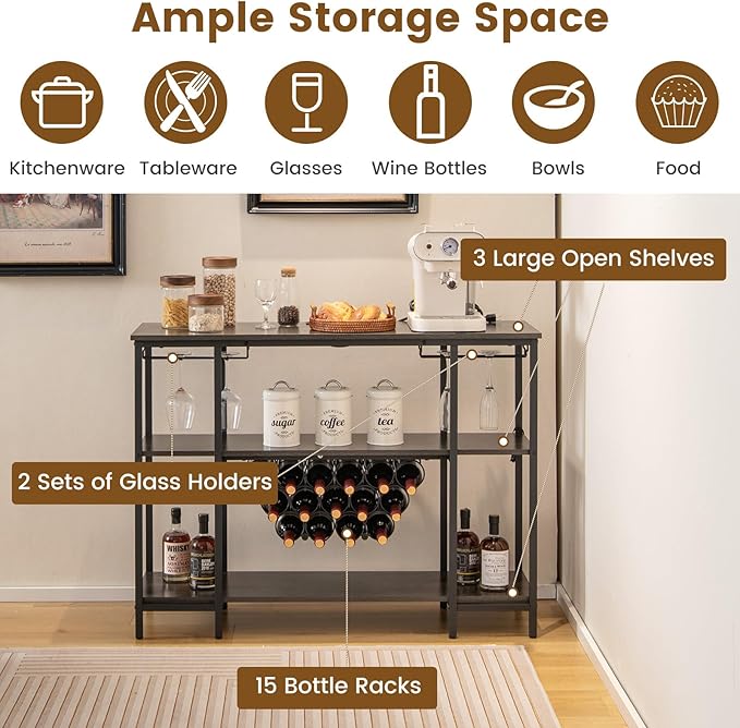 COSTWAY Wine Bar Cabinet, 3-Tier Home Mini Bar for Liquor w/Power Outlets, Glass Holder, Wine Rack, Anti-Tipping Kit, Metal Coffee Bar Table for Home Apartment Kitchen Living Room Pub (Black & Grey)