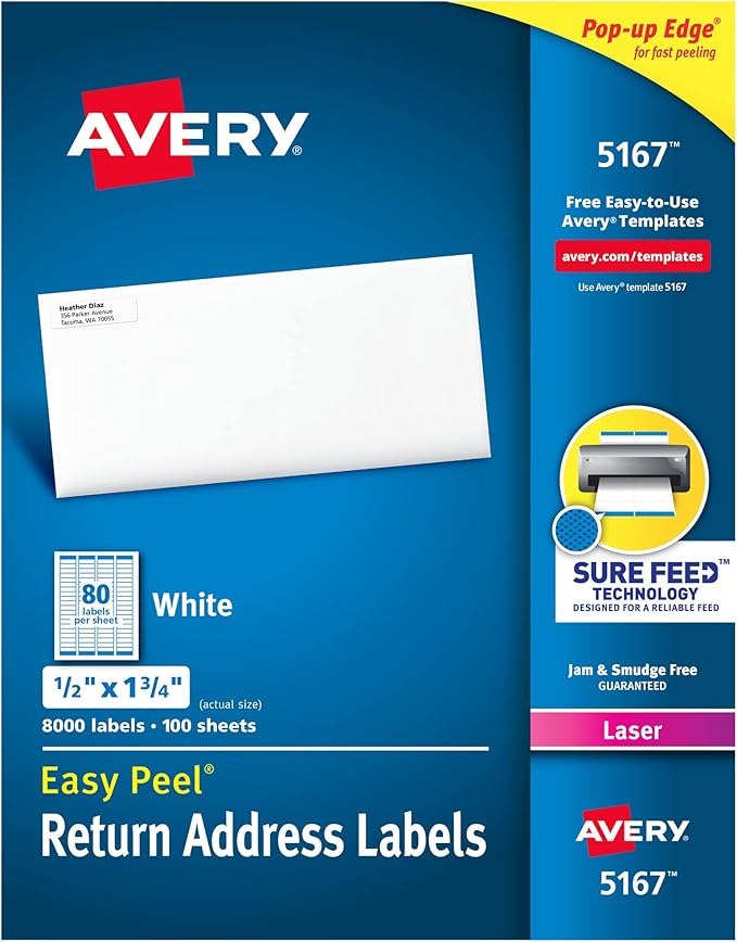 Avery Printable Return Address Labels with Sure Feed, 0.5" x 1.75", White, 8,000 Blank Mailing Labels (05167)