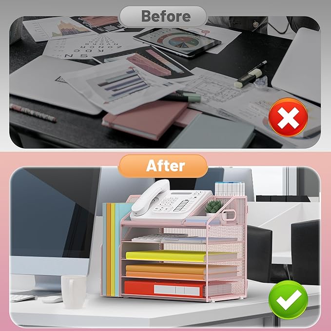 DocNest 5 Tier Paper Letter Tray File Organizer, Mesh Desk File with Handle, Workspace Desk Organizers with Pen Holder, Office Organization Storage Accessories - Pink
