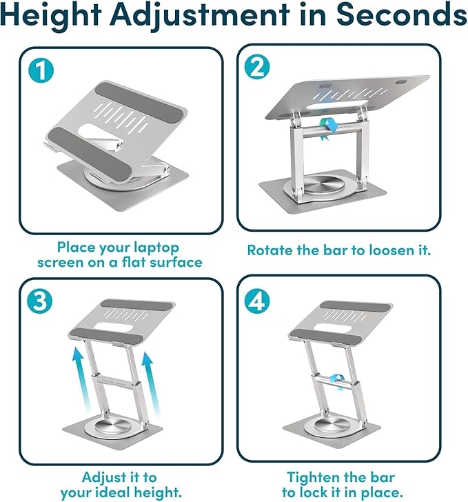 Lifelong 360 Rotating Ergonomic Laptop Stand for Desk, Laptop Riser with Swivel Base, Adjustable Computer Stand for 10-17" MacBook Pro & All Laptops- Portable Standing Desk Converter- Height 16"