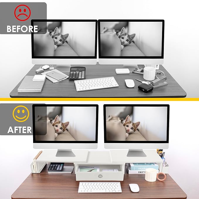 Dual Monitor Stand Riser w/ Drawer & Metal Leg, Large White Computer Monitor Riser w/ Storage For 2 Screens, Desk Shelf w/ Adjustable Length & Angle, Desktop Organizer