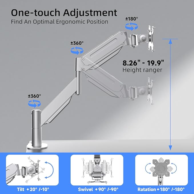 Suptek Ultrawide Monitor Arm Mount for 17 to 43 Inch Heavy Duty Curved Screen,Holds 28.6 lbs,Adjustable Gas Spring Monitor Arm Desk Mount Stand,75/100 Vesa Mount,Silver(MD71MS)