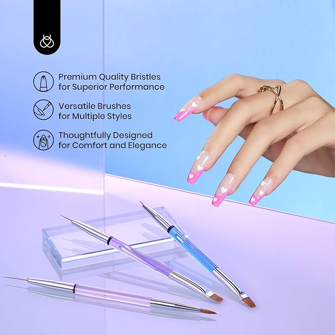 Beetles 3 Pcs Gel Nail Art Brushes Set Gel Polish Design Pen Painting Tools with Liner Brushes Petal Painting Brush and Oval Brush DIY at Home Manicure for Girls