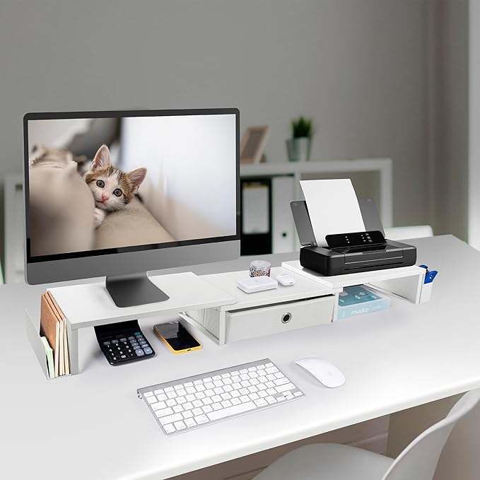 Dual Monitor Stand Riser w/ Drawer & Metal Leg, Large White Computer Monitor Riser w/ Storage For 2 Screens, Desk Shelf w/ Adjustable Length & Angle, Desktop Organizer