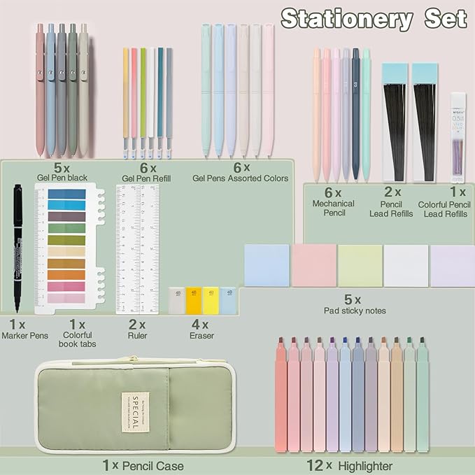 52 PCS Aesthetic School Supplies with Highlighters, Mechanical Pencils, Color Ink Gel pens, Pencil Case, Bible Study Supplies, Pens Pencils and Highlighters Set, Stationary Set for Student