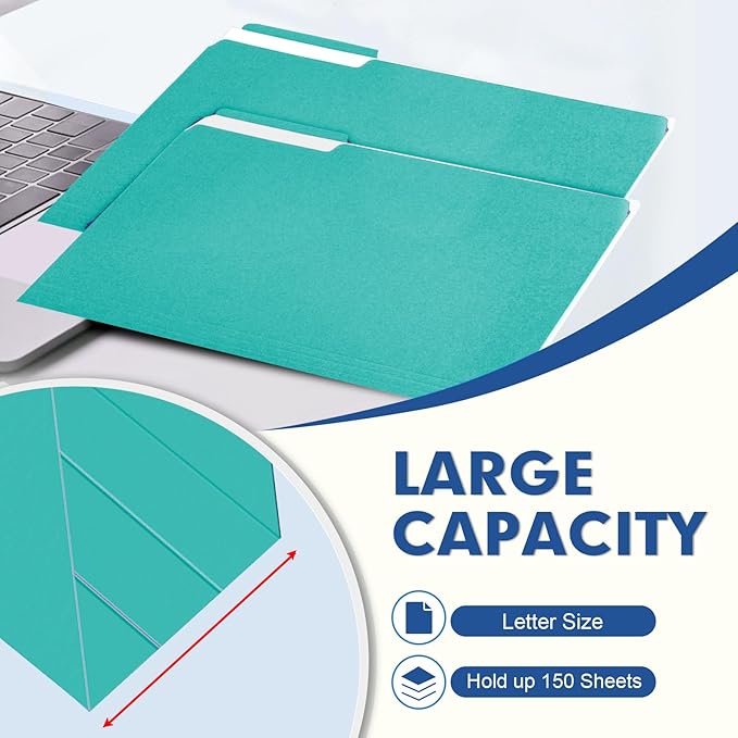 File Folder, PANDRI 120 Pack File Folder, 1/3 Cut Tab, Letter Size, Filing Folder for Office School Business, Aqua