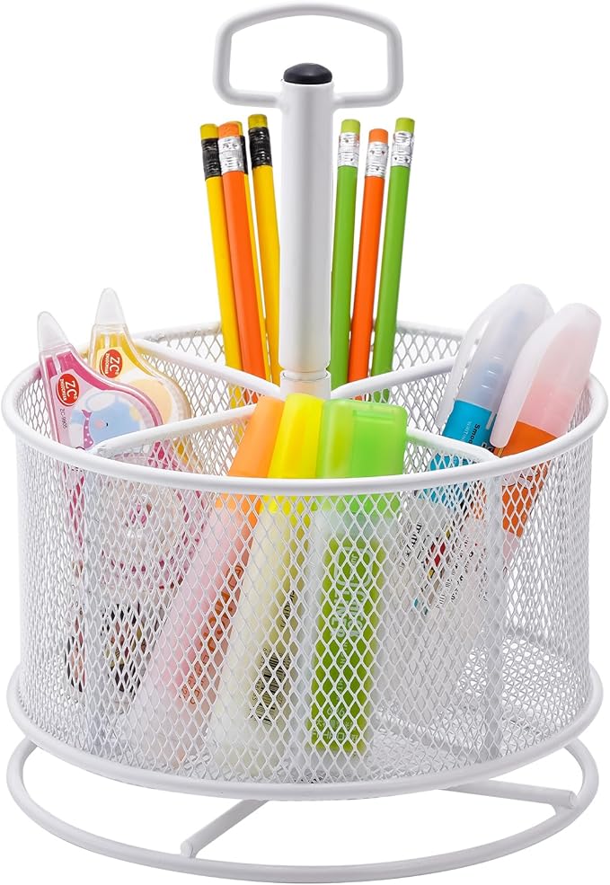 Marbrasse Mesh Desk Organizer, 360-Degree Rotating Multi-Functional Pen Holder, 4 Compartments Desktop Stationary Organizer, Home Office Art Supply Storage Box Caddy (White)