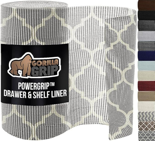 GORILLA GRIP powerGRIP Drawer Shelf and Cabinet Liner, Thick Strong Hold, Non-Adhesive Liners Protect Kitchen Cabinets and Cupboard, Bathroom Drawers, Easy Install, Breathable Mat, 12" x10' Quatrefoil