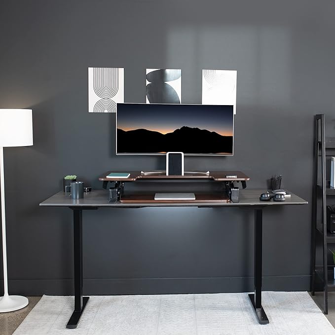 VIVO 36 inch Height Adjustable Stand Up Desk Converter, V Series, Quick Sit to Stand Tabletop Dual Monitor Riser Workstation, Dark Walnut Top, Black Frame, DESK-V000VD