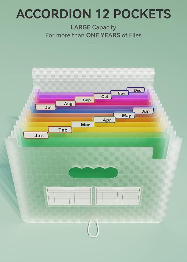 ABC life 12 Pockets Accordion File Organizer Expanding File Folders, Portable Monthly Bill Receipt Document Organiser, Expandable Accordian Filing Folder Letter A4 Size, Colored Tabs (Green)