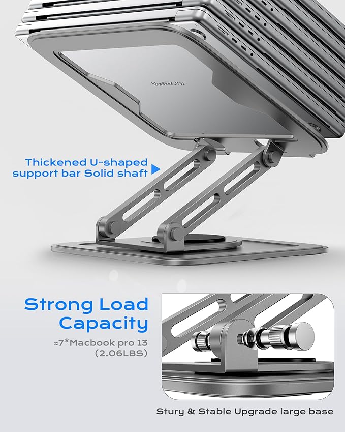 Adjustable Laptop Stand for Desk with 360 Base, Ergonomic Laptop Riser, Mount, Holder Notebook Computer Stand for MacBook Air Pro, HP, Dell, XPS, HP 16" Laptops - Gray