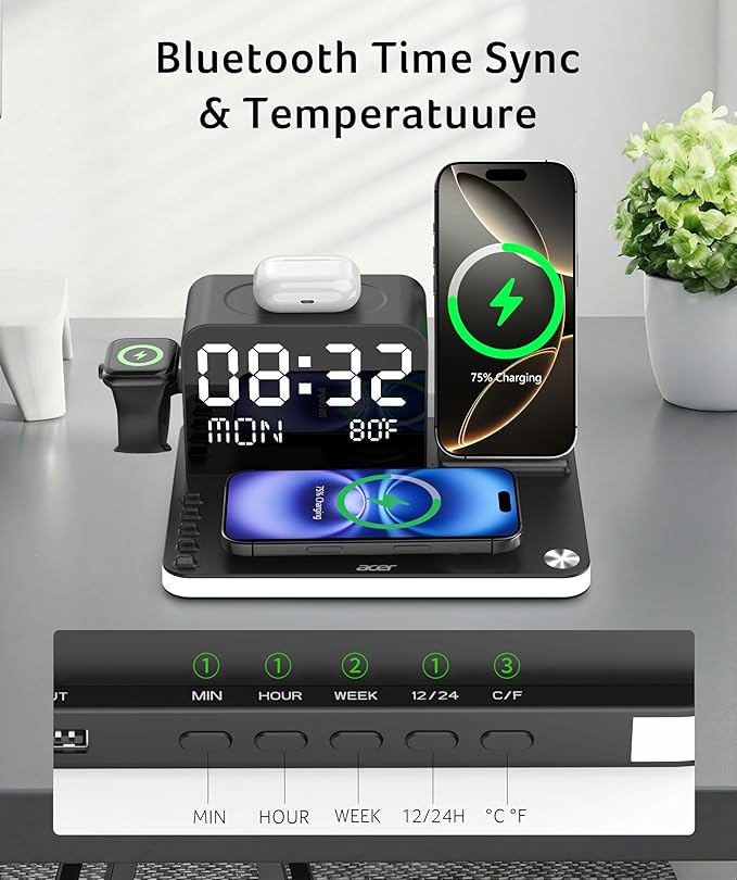 acer 7-in-1 Wireless Charging Station: Charger Stand for Multiple Devices for Apple - iPhone 16 15 14 13 12 Pro Max Apple Watch Airpods, Wireless Charger iPhone Charging Station with Bluetooth TimeSyn