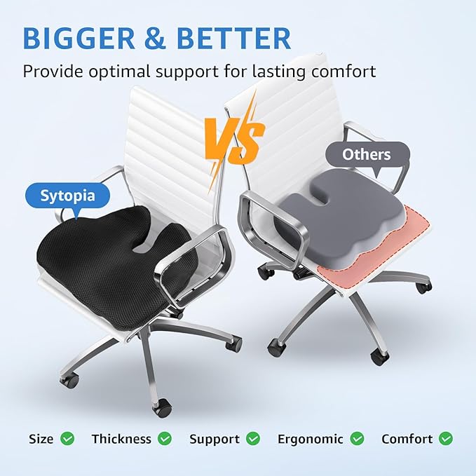Sytopia Extra Large Office Chair Cushion, 19" x 17" Ergonomic Memory Foam Seat Cushion, Pressure Relief for Tailbone Pain, Sciatica & Hip Pain, Booster Pad for Sitting & Driving, Black