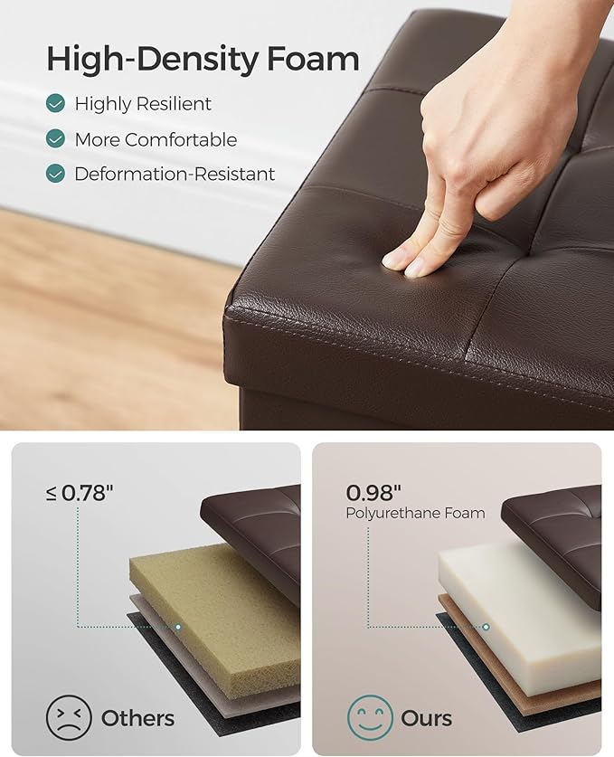 SONGMICS MAZIE Collection - 30 Inches Storage Ottoman Bench with Flipping Lid, Storage Chest Footstool, Load 660 lb, for Entryway, Living Room, Bedroom, Synthetic Leather, Brown ULSF45BR