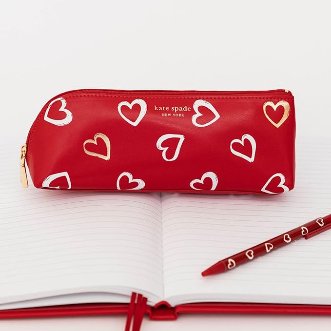 kate spade new york Pen and Pencil Case with Office Supplies for Adults, Zip Pouch Includes 2 Pencils, Sharpener, Eraser, and Ruler, Brushstroke Hearts