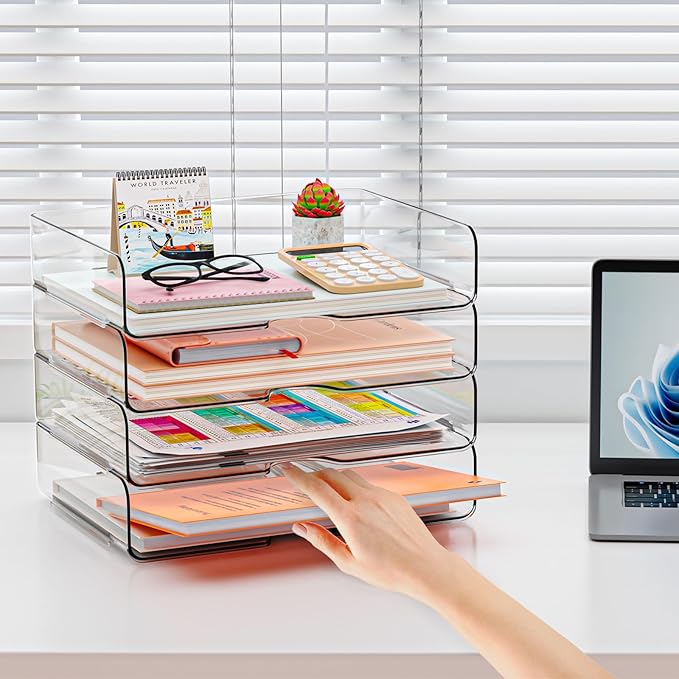 YKLSLH 4 Trays Paper Organizer Letter Tray - Acrylic Desk File Organizer, Stackable Clear Paper Holder Sorter Office Organizer for Letter/A4, Office File Ipad Books Notes Etc