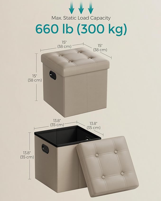 SONGMICS Mazie Collection - 15 Inches Ottoman with Storage, Footstool, Storage Ottoman with Metal Handles, Load 660 lb, for Dorm, Living Room, Bedroom, Synthetic Leather, Camel Brown ULSF030K03