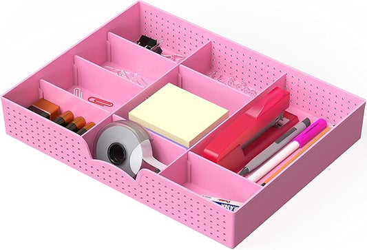 Simple Houseware Drawer Organizer Tray with 9 Adjustable Compartments, Pink