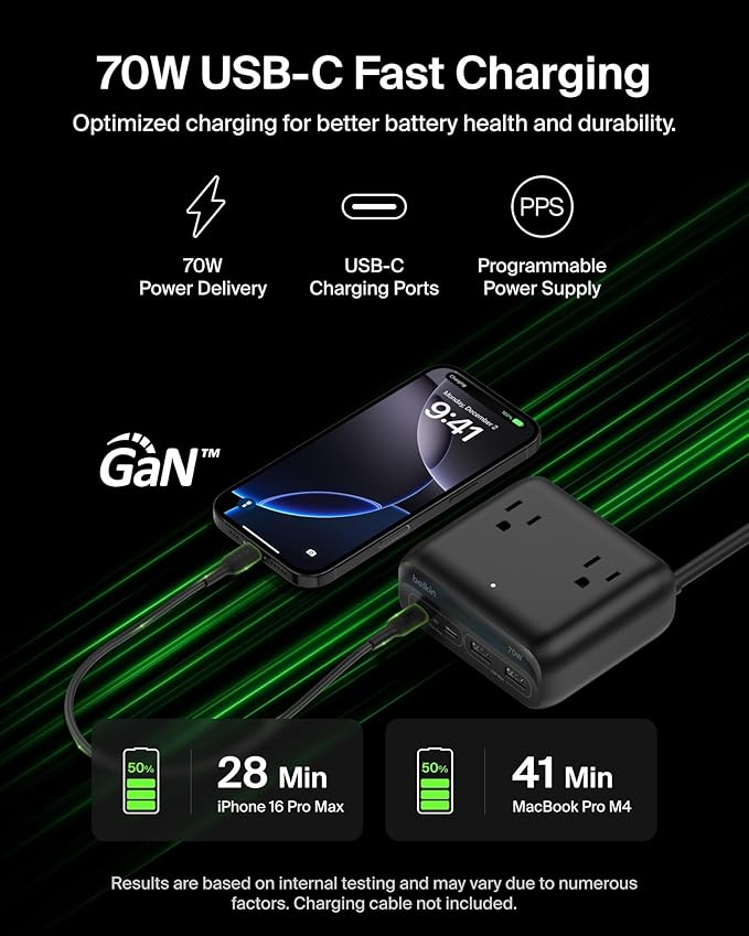 Belkin GaN Charging Station 70W, 7-in-1 Dual USB C Charger w/ 3X AC Outlets, 2X USB A Ports - Power Strip for iPhone, Apple Watch, iPad, MacBook, Chromebook, Samsung Galaxy, Pixel 10, & More - Black
