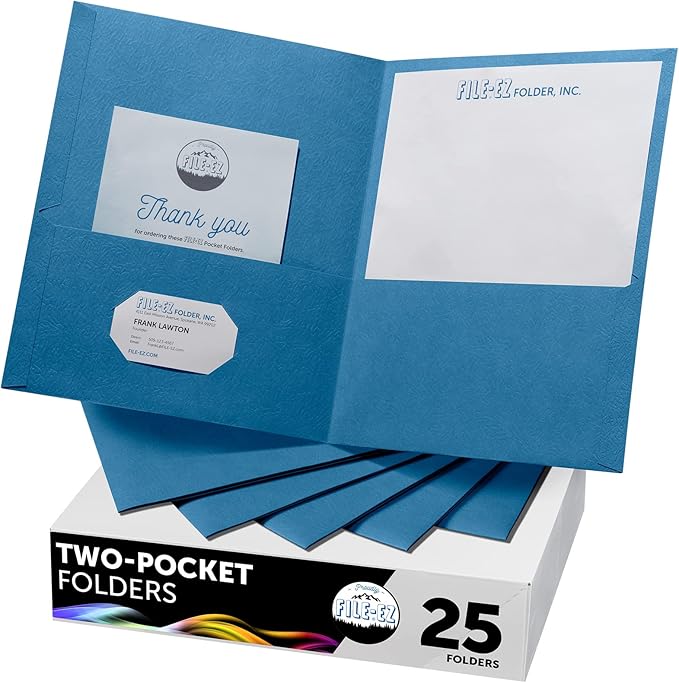 FILE-EZ Two-Pocket Folders, Light Blue, 25-Pack, Textured Paper, Letter Size (EZ-32520)