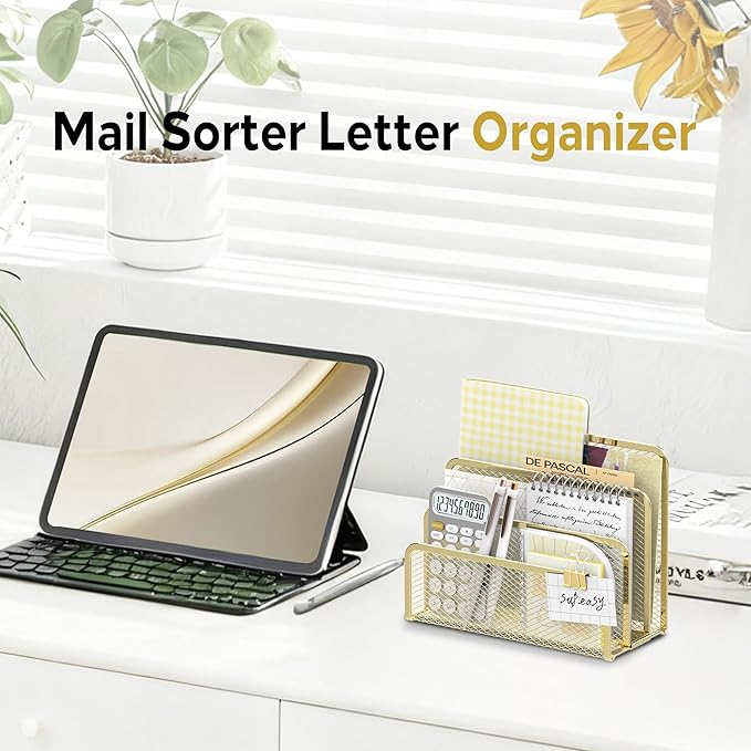 SUPEASY Mail Organizer for Desk, Mesh Metal Mail Holder Countertop with 3-Slot, Letter Sorter File Holder, Office Envelope Organizer for Mails (Gold)