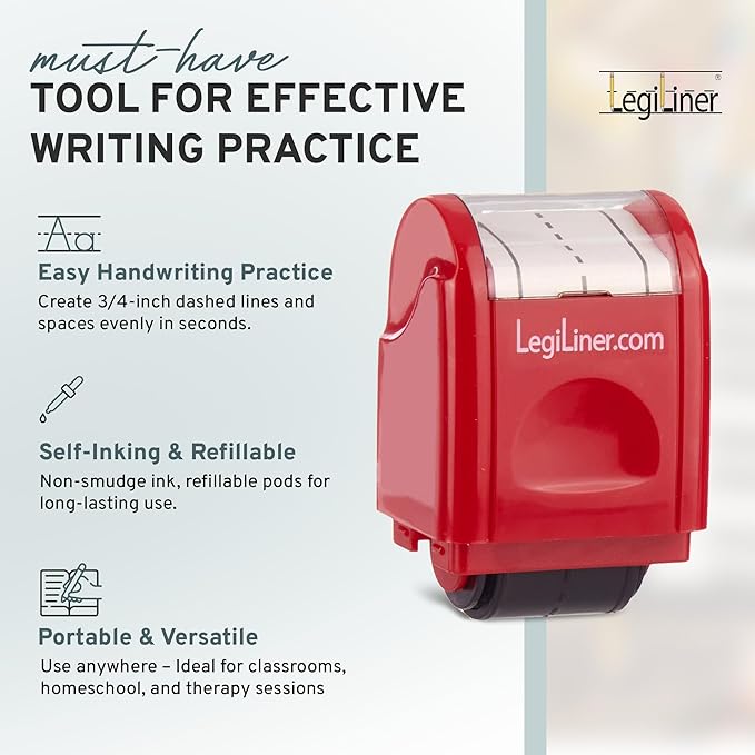 LEGILINER 3/4" Dashed Handwriting Line (RED) Teacher Stamp – Tri-Line Dashed Pattern. Classroom & Home Use. Refillable Ink Writing Practice Roller Stamp.