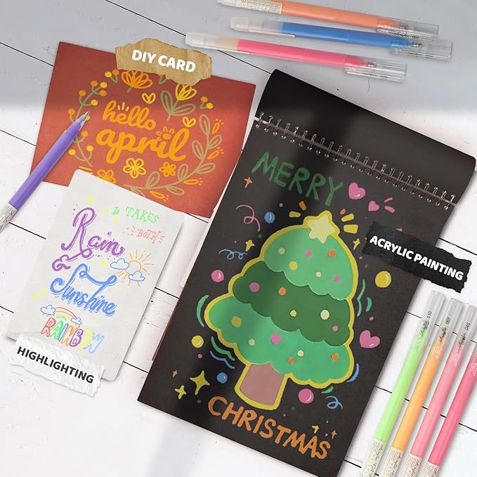 24 Colors 3D Acrylic Gel Pens & Black Paper Sketchbook for Drawing, 1mm Fine Point Acrylic Ink Pen, Opaque Archival Bright Ink Pens for Black Paper Drawing, Sketching, Illustration, Card Making